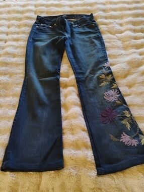 Karen Kane Dark Blue Flare Jeans with Embroidered Floral Side